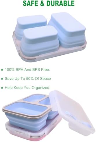 2 Pack Big Collapsible Silicone Bento Lunch Boxes With Lids spoons forks,3 Compartments, Divided Lunch Food Storage Containers, Safe in Microwave, Dishwasher and Freezer, 45.6oz, (Pink+Blue)
