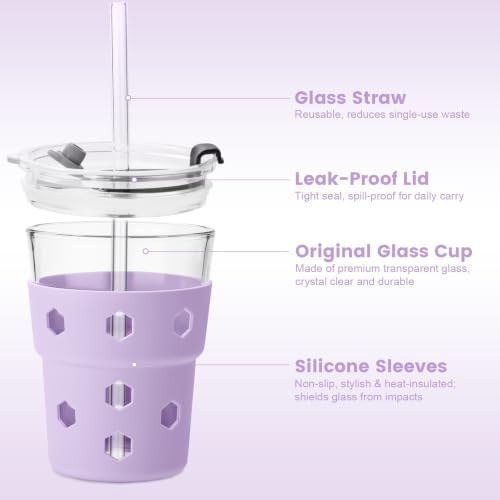 Mrsdry 12oz Iced Coffee Cup with Lids and Straws, BPA Free Reusable Glass Coffee Cups with Silicone Sleeves for Coffee, Iced tea, Thick Wall Glass Cup