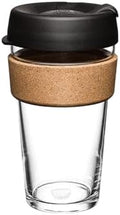 KeepCup Brew Cork, Reusable Glass Tumbler with Natural Cork, Grande Coffee Cup 16oz / 454ml - Black