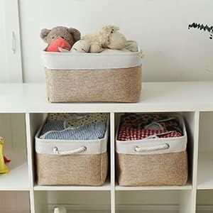 Fabric Storage Baskets - Rectangular Baskets for Organizing Fabric, Shelves & Decorative Use (White & Khaki)