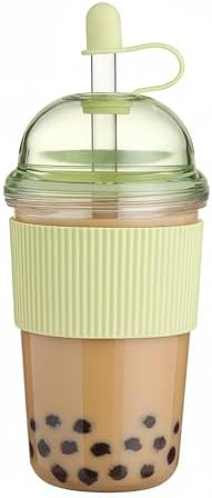 Reusable Ices Coffee Cups with Lids and Straws 17oz, Boba Cup with Straw, Tumbler with Silicone Sleeve for Cold Drinks, Iced Coffee, Bubble Tea Green