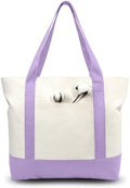 TOPDesign 3-Pack Canvas Tote Bags with an External Pocket, Reusable Grocery Shopping Bags, Top Zipper Closure, Daily Essentials (Lavender/Natural)