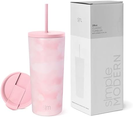 Simple Modern Insulated Tumbler with Lid and Straw | Iced Coffee Cup Reusable Stainless Steel Water Bottle Travel Mug | Gifts for Women Men Her Him | Classic Collection | 20oz | Blush Tie Dye