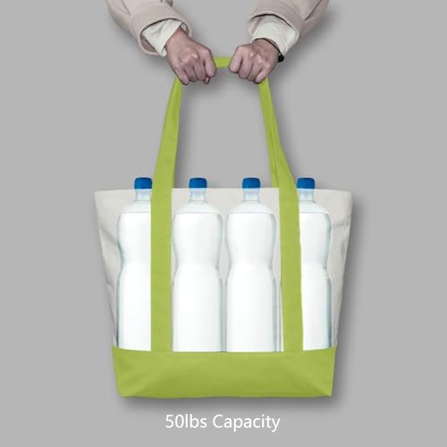 TOPDesign 6-Pack Canvas Tote Bags with an External Pocket, Reusable Grocery Shopping Bags, Top Zipper Closure, Daily Essentials (Light Green/Natural)
