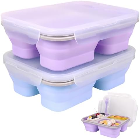 Large Collapsible Silicone Bento Lunch Box, 2 Pack with 3 Compartments Each,45.6oz Food Storage Containers with Spoons Forks, Portable for Work, Picnic, Travel, BPA Free（Blue+ Purple）