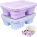 Large Collapsible Silicone Bento Lunch Box, 2 Pack with 3 Compartments Each,45.6oz Food Storage Containers with Spoons Forks, Portable for Work, Picnic, Travel, BPA Free（Blue+ Purple）