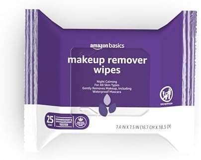 Amazon Basics Makeup Remover Wipes, Night Calming, Gentle Cleansing, Plant Based, Alcohol-Free, Removes Waterproof Mascara, Dermatologist Tested, 25 Count, 1-Pack