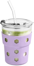 Mrsdry 12oz Iced Coffee Cup with Lids and Straws, BPA Free Reusable Glass Coffee Cups with Silicone Sleeves for Coffee, Iced tea, Thick Wall Glass Cup
