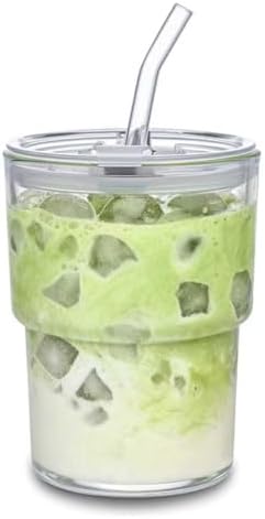 13oz Glass Tumbler with Straw and Lid Sealed, Carry On Reusable Iced Coffee Cups,Thick Wall Glass Coffee Drinking Glassware Cups