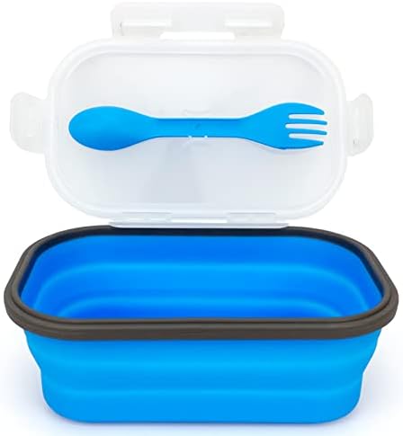 Collapsible Lunch Box Containers, Silicone Bento Box with Airtight Lid and 2 in1 Spoon & Fork, 1000ml Large Portion Reusable Silicone Food Storage Container, Microwave Dishwasher Safe