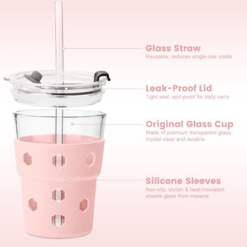 Mrsdry 12oz Iced Coffee Cup with Lids and Straws, BPA Free Reusable Glass Coffee Cups with Silicone Sleeves for Coffee, Iced tea, Thick Wall Glass Cup