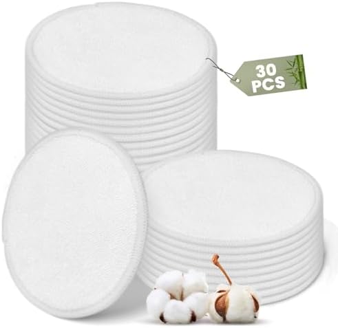 30 Pcs Natural Fiber Round Makeup Remover Pads, Washable Reusable Face Pads Cloth Rounds, Facial Cleansing Pads Wipes for All Skin Types Travel (White)