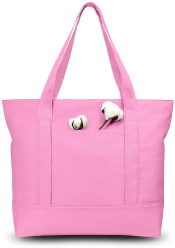 TOPDesign 1-Pack Canvas Tote Bag with an External Pocket, Reusable Grocery Shopping Bag, Top Zipper Closure, Daily Essentials (Pink)