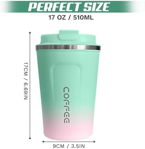 SPLMIFA Travel Coffee Mug Leak-Proof, Reusable Coffee Cups with Lids, Stainless Steel Vacuum Insulated Coffee Tumblers, Thermal Insulation Cup for Men and Women Hot & Cold Drinks(2nd-Green Pink, 17OZ)