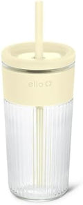 Ello Ava 18oz Glass Tumbler with Straw and Lid for Iced Coffee, Lemon