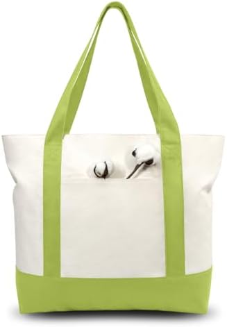 TOPDesign 1-Pack Canvas Tote Bag with an External Pocket, Reusable Grocery Shopping Bag, Top Zipper Closure, Daily Essentials (Light Green/Natural)