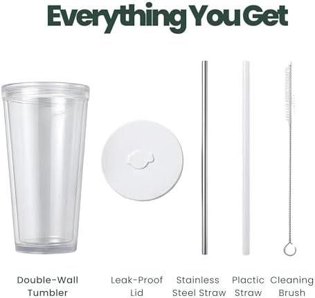 Reusable Iced Coffee Cup with Lid and Straw, 24 oz/Venti, BPA-Free Double-Wall Insulated Plastic Tumbler for Cold Drinks, Includes Clear Plastic Straw, Stainless Steel Straw and Cleaning Brush, White