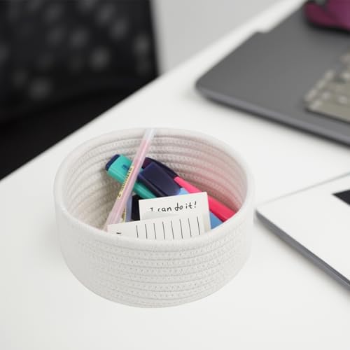 3 Pack Small Woven Cotton Rope Baskets for Organizing, White