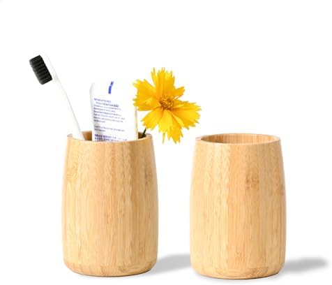 Bamboo Toothbrush Holder 2 Pack, Simple Cylindrical Tumbler Set