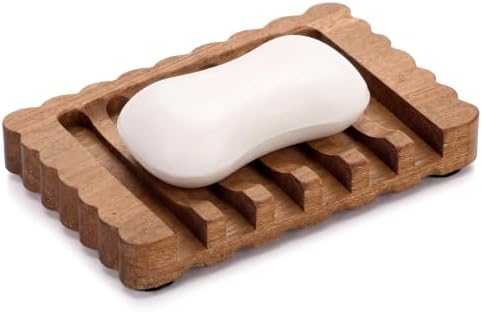 Jinei 1 Pcs Scalloped Wood Soap Dish 4.72 x 2.95 x 0.59 Inch Sapele Bar Soap Holder with Self Draining Non-Slip Point Design Sponge Saver for Shower Bathroom Kitchen