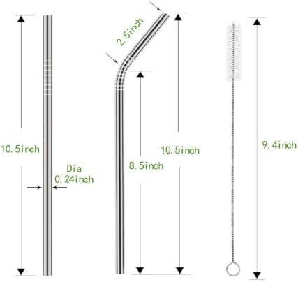 Set of 10 Stainless Steel Straws, HuaQi Bent Reusable Drinking Straws 10.5'' Long 0.24‘’ Dia for 30 oz Tumbler and 20 oz Tumbler, 2 Cleaning Brush Included
