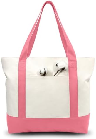 TOPDesign 1-Pack Canvas Tote Bag with an External Pocket, Reusable Grocery Shopping Bag, Top Zipper Closure, Daily Essentials (Rose Pink/Natural)