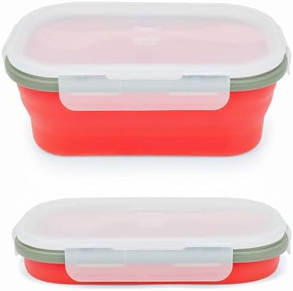 1000ml Collapsible Bento Lunch Box - Silicone Food Storage Container, Foldable Food Container with 2-in-1 Spoon Spork and Airtight Lid, Microwave Safe, Red