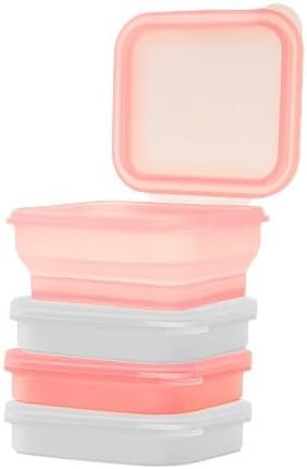 BYOB Collapsible Silicone Food Containers with Attached Lids – Reusable To-Go & Leftover Containers, Platinum Silicone, Leak-Resistant – 4 Pack (White/Pink)