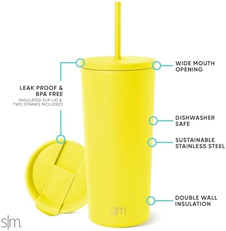 Simple Modern Insulated Tumbler with Lid and Straw | Iced Coffee Cup Reusable Stainless Steel Water Bottle Travel Mug | Gifts for Women Men Her Him | Classic Collection | 20oz | Canary