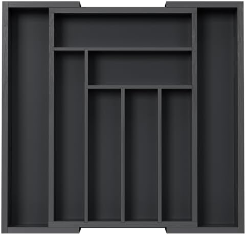 Pipishell Bamboo Expandable Drawer Organizer for Utensils Holder, Adjustable Cutlery Tray, Wood Drawer Dividers Organizer for Silverware, Flatware, Knives in Kitchen, Bedroom, Living Room(M-Black)