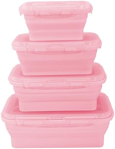 4 Pack Collapsible Silicone Food Storage Containers with Lids, Pink