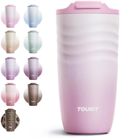 TOURIT 16 oz Insulated Travel Coffee Mug Stainless Steel Tumbler, Pink
