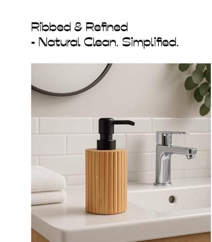 Ribbed Bamboo Soap Dispenser, Natural Finish Black Pump 2 Pack