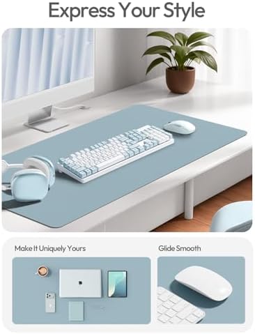 YSAGi Leather Desk Protector, Office Mat, Large Mouse Mat, Non-Slip PU Leather Blotter, Laptop Desk Pad, Waterproof Writing Pad for Office and Home (Ice Blue, 31.5" x 15.8")