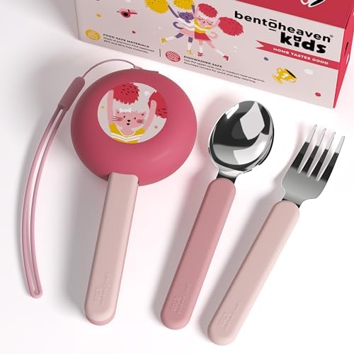 Bentoheaven Kids Utensils Set with Case, Reusable Fork & Spoon, Cats