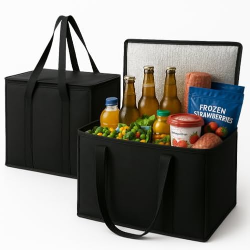 2-Pack, XL-Large Insulated Grocery Shopping Bags, Black, Reusable Bag