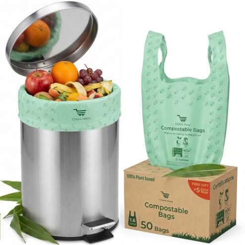 50 Home Compostable Trash Bags 1.6 Gallon Easy Tie Handles