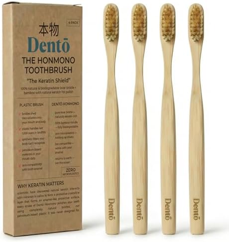 Dento 4-Pack Boar Bristle & Bamboo Toothbrushes, Keratin for Polish