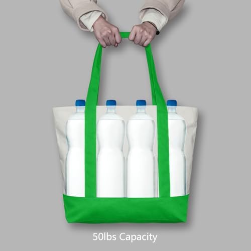 TOPDesign 1-Pack Canvas Tote Bag with an External Pocket, Reusable Grocery Shopping Bag, Top Zipper Closure, Daily Essentials (Lime Green/Natural)