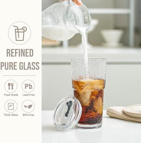 SoulTimes 20oz Begonia Flower Glass Tumbler with Bamboo Lid and Straw–Iced Coffee Glasses Cups for Smoothie, Matcha, Juice, Water etc. Leakproof and Reusable Glassware Drinking for Travel To Go [4Pcs]