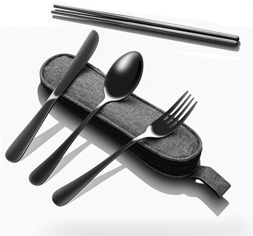 Matte Black 5-Piece Stainless Steel Travel Utensil Set with Waterproof Case, Reusable Portable Flatware Includes Knife, Fork, Spoon, Chopsticks for Camping, Office, Picnic & Daily Use