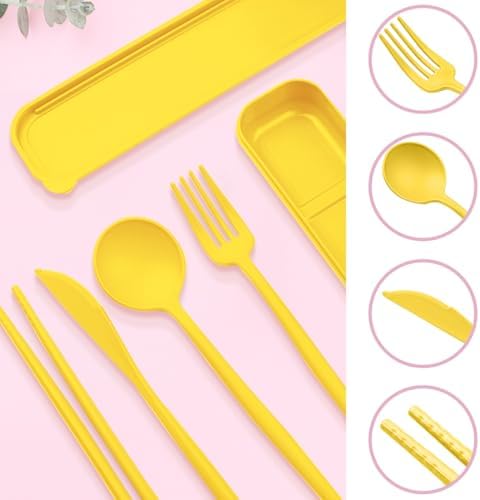 ELANE 4 Sets Reusable Travel Utensils Set with Case,Camping Cutlery Set Reusable Cutlery Set with Case,Utensil Sets for Lunch Picnic Daily Use Outdoor (yellow)