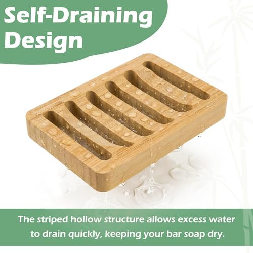 Bamboo Soap Dish, Bar Soap Holder Self Draining Soap Dish Natural Bamboo Soap Holder Waterproof Anti-Slip Wooden Soap Dishes for Bar Soap Saver Tray for Shower Bathroom Kitchen Sink Bathtub