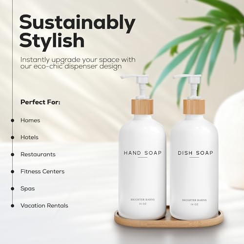 White Glass Hand and Dish Soap Dispenser Set by Brighter Barns - Kitchen Soap Dispenser Set with Tray - Glass Bottles for Kitchen Sink - Housewarming Gift, Countertop Decor, Boho Home Decor (White)
