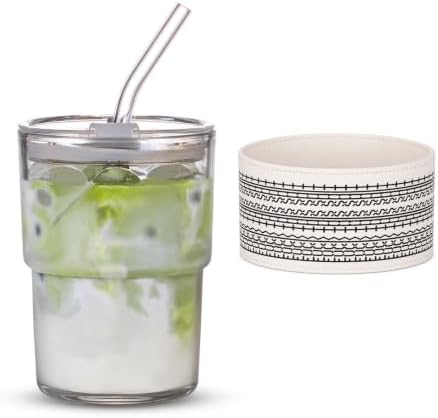 BLUEPOLAR 13oz/400ml Glass Water Tumbler with Straw and Lid Sealed Carry on Thick Wall Iced Coffee Cup for Water, Iced Tea, Fruit Juice
