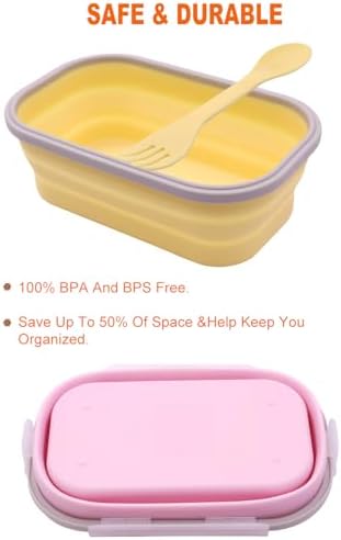 2 Pack Collapsible Silicone Bento Lunch Boxes With Lids Spoon Fork, 33.8oz, Meal Prep Food Storage Containers, Durable, Safe in Microwave, Dishwasher and Freezer, BPA Free (Yellow and Pink)