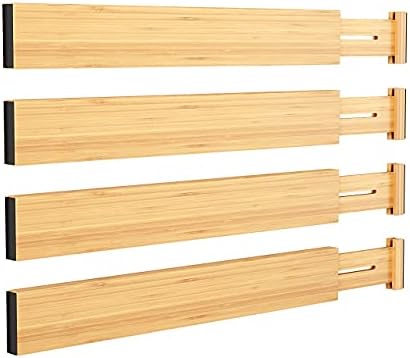 BAMEOS Bamboo Expandable Drawer Dividers – Fits 13.3"–19" Drawers, 2" High, Set of 4 | Spring-Loaded Bamboo Separator for Kitchen Island, Bathroom Vanity & Dresser Drawers