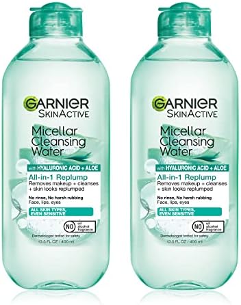 Garnier Micellar Water with Hyaluronic Acid, Facial Cleanser & Makeup Remover, Hydrating and Plumping, For All Skin Types, Vegan, Cruelty Free, 13.5 Fl Oz (400mL), 2 Count