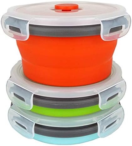 Ecomorning 3Piece Round Collapsible Lunch Container Silicone Food Storage Containers Collapsible Camping Bowl with Airtight Silicone Lids, Microwave, & Freezer Safe, 350ML