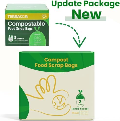 Compost Bags, 3 Gallon Compostable Food Scrap Bags Handle Tie,200 Count (Pack of 2),Certified by BPI and ASTM D6400